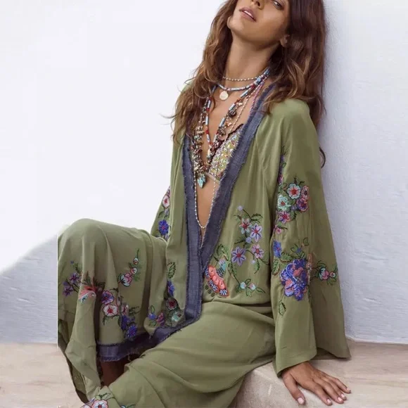 SOLD OUT Olive Floral Embroidered Cover Up Duster Kimono - Picture 2 of 10